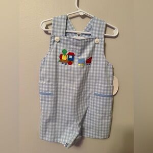 House of Hatten Blue Gingham Jon Jon with Train Embroidery